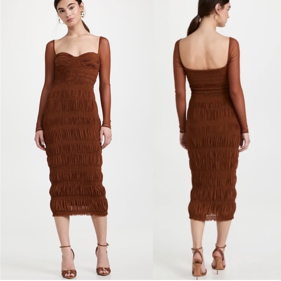 Self Portrait Caramel Shirred Midi Dress Size 6 US, 10 UK NWT - Picture 2 of 4